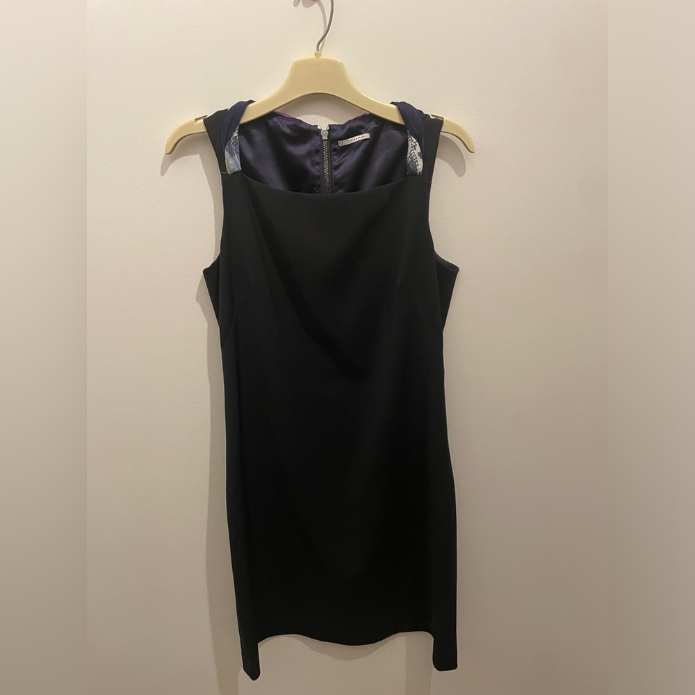 T Tahari Black Midi Sheath Dress with Navy Lining